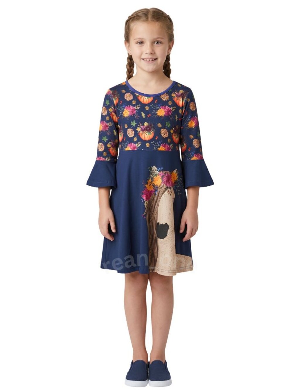 Sunshine Swing Navy Blue Pumpkin Floral Autumn Pony Bell Sleeve Dress Size 8